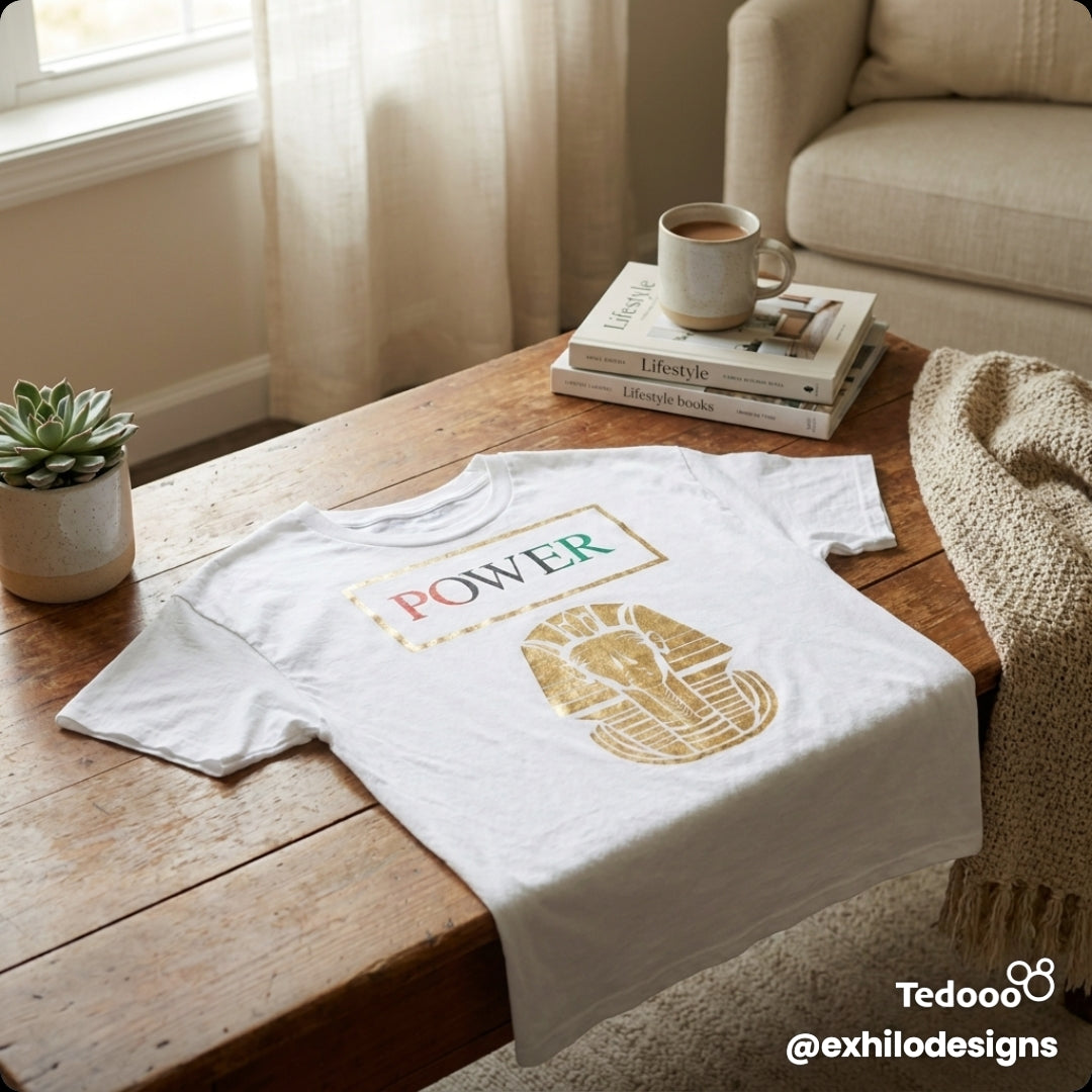 White tee-shirt with a gold Pharoah