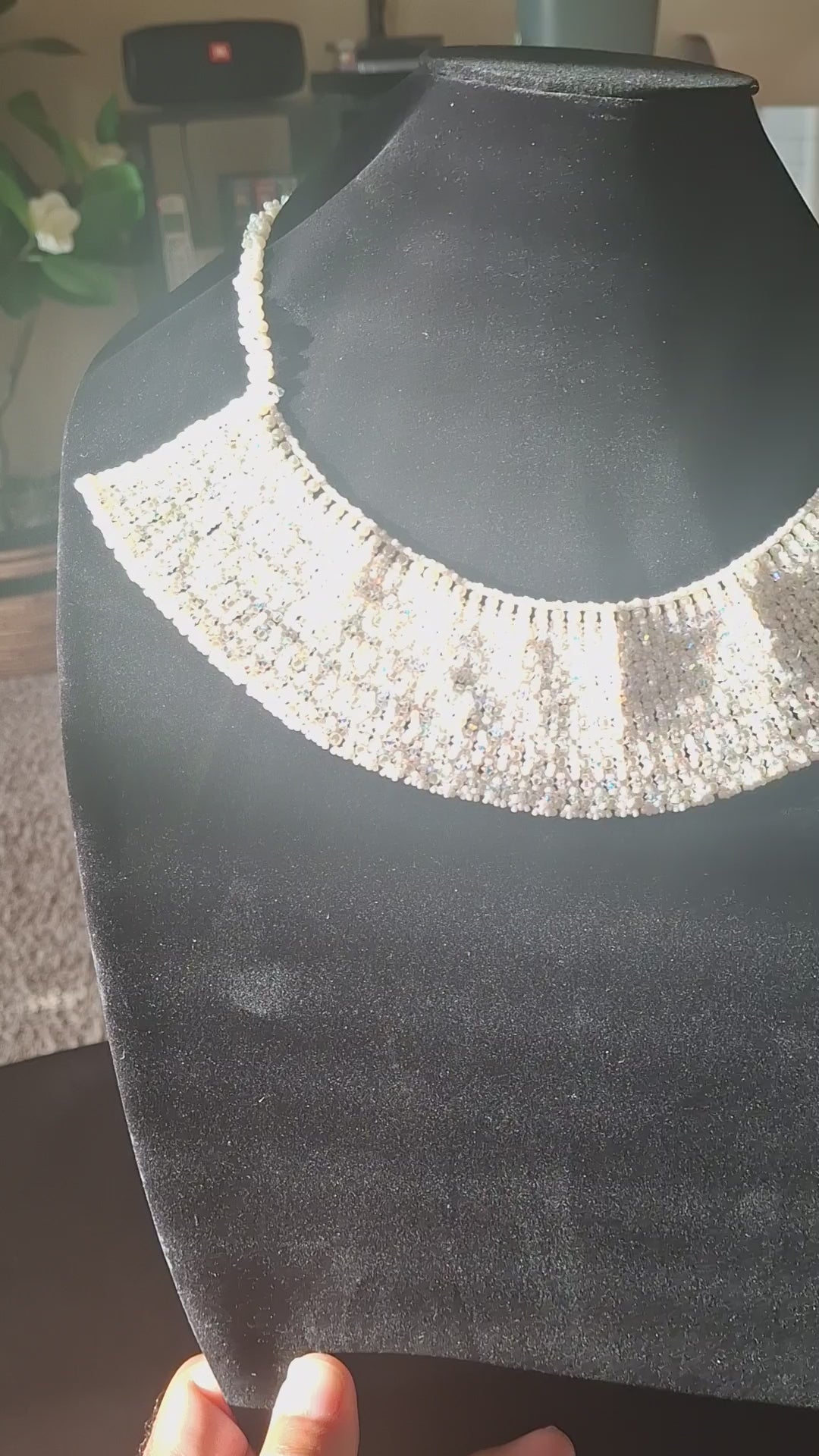 Bib-style pearl and crystal necklace