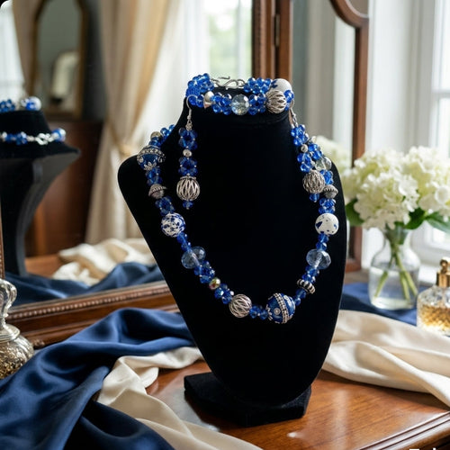 Blue Necklace And Matching Bracelet And Earrings